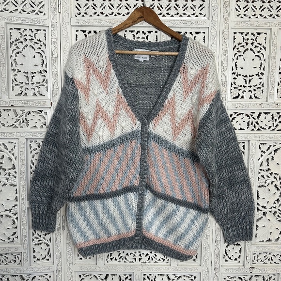 Vintage Handknit Grannycore Pink & Grey Chunky Cardigan Sz Medium - Picture 4 of 10